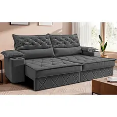 Sofá Retrátil e Reclinável 2,10m com Porta Copos e Molas Cosmos. Velusoft Cama inBox