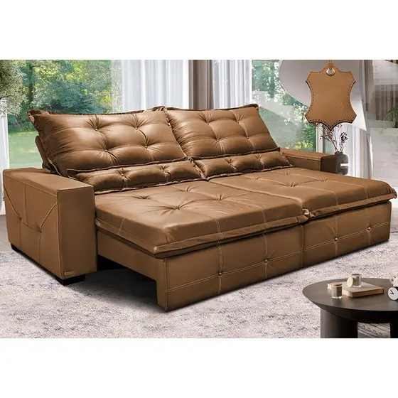 Sofá de Couro Legítimo Retrátil e Reclinável 2,35m Cama inBox Toro SoftGel D40 Mel