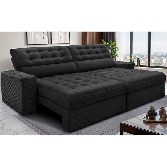 Sofá Retrátil e Reclinável 3,00m Molas Ensacadas Max Spring Velusoft Preto Cama inBox