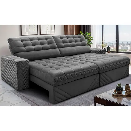 Sofá Retrátil e Reclinável 2,50m Molas Ensacadas Max Spring Velusoft Cinza Cama inBox