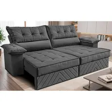 Sofá Retrátil e Reclinável 2,10m com Molas e Espuma D33 Thunder Velusoft Cinza Cama inBox