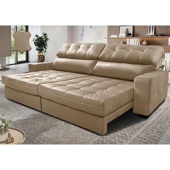 Sofá de Couro Legítimo Retrátil e Reclinável 2,15m Molas Ensacadas Cama inBox Majesty Bege
