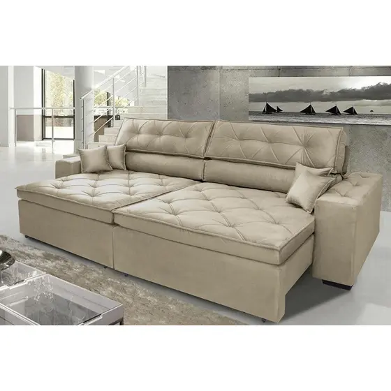 Sofá Austin 3,02m Retrátil, Reclinável com Molas no Assento e Almofadas, Suede Bege Cama inBox