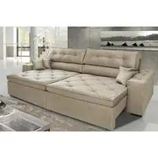 Sofá Austin 3,02m Retrátil, Reclinável com Molas no Assento e Almofadas, Suede Bege Cama inBox