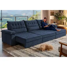 Sofá Retrátil e Reclinável 3,60m com Molas e Espuma D33 Thunder Velusoft Azul Cama inBox