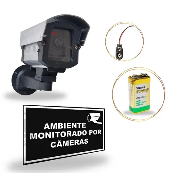 Micro Câmera Falsa Com Led P/ Segurança + Placa "Ambiente Monitorado Por Câmeras"