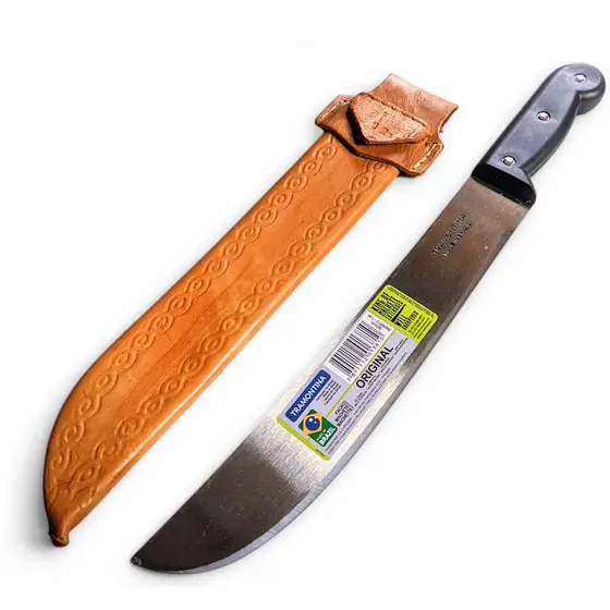 Facão Tramontina 12" p/ Roça, Pesca, Cana + Bainha Couro Legítimo e Cabo Plástico
