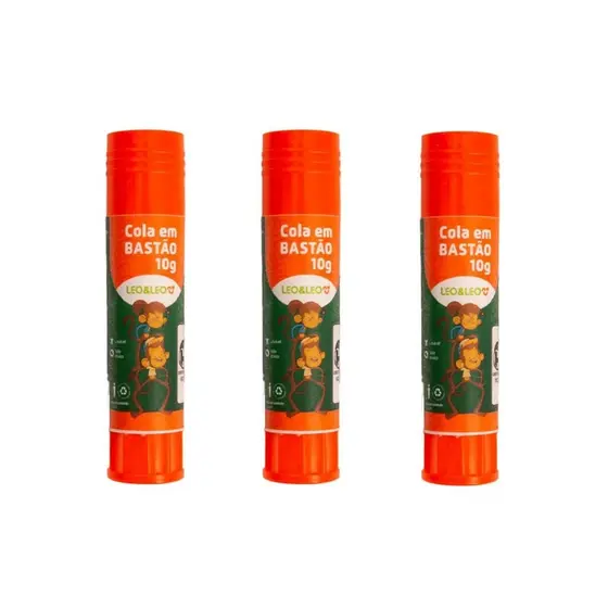 Kit com 3 unidades Cola Leo&Leo Bastão 10gm Branca Lavável Atóxico Secagem Rápida