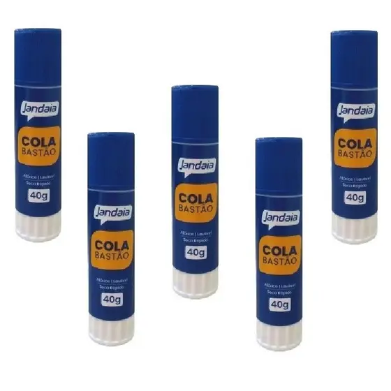 Kit com 5 unidades Cola Jandaia Bastão 40gm Branca Lavável Atóxico Secagem Rápida