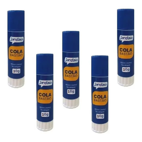 Kit com 5 unidades Cola Jandaia Bastão 10gm Branca Lavável Atóxico Secagem Rápida