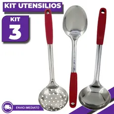 Kit Utensílios de Cozinha Inox 3 Peças Colher de Arroz Concha Escumadeira Resistente Durável