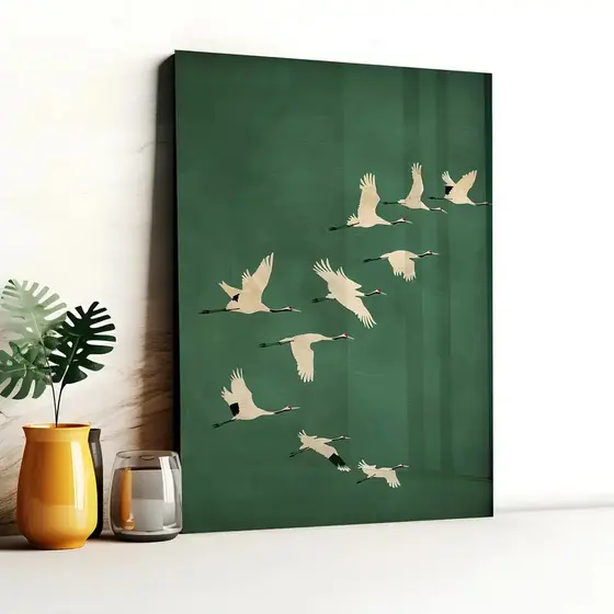 Quadro Decorativo Garça Fundo Verde Minimalista - Arte Moderna para Sala e Quarto