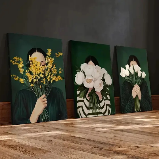 Kit 3 Quadros Decorativos Mulheres Flores Arte Feminina Rosas Brancas Amarelas MDF para Sala Quarto