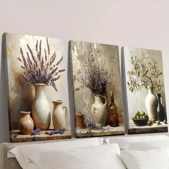 Kit de Quadros Decorativos Realista - Kit 3 Peças com Jarro de Cerâmica e Lavanda para Sala e Quarto