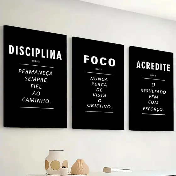 Conjunto 3 Quadros Frases Motivacionais - Arte Minimalista para Sala, Quarto ou Escritório