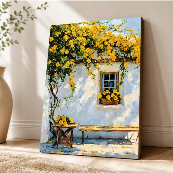 Quadro Decorativo Flores Amarelas Janela Rústica MDF Parede Sala Quarto Escritório Casa Moderna