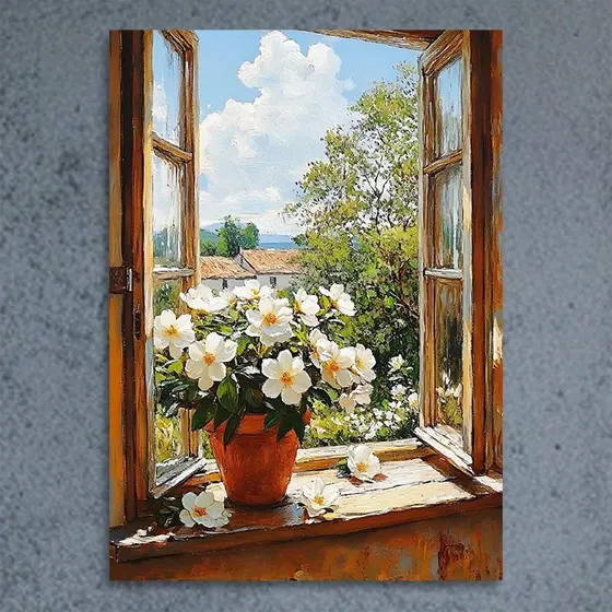 Quadro Decorativo Paisagem Montanhas Flores Vista Janela Parede Sala Quarto Escritório Casa