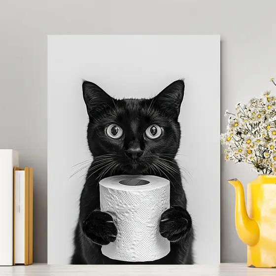 Quadro Decorativo MDF Gato Preto Engraçado com Rolo de Papel - Decoração Humorística para Banheiro