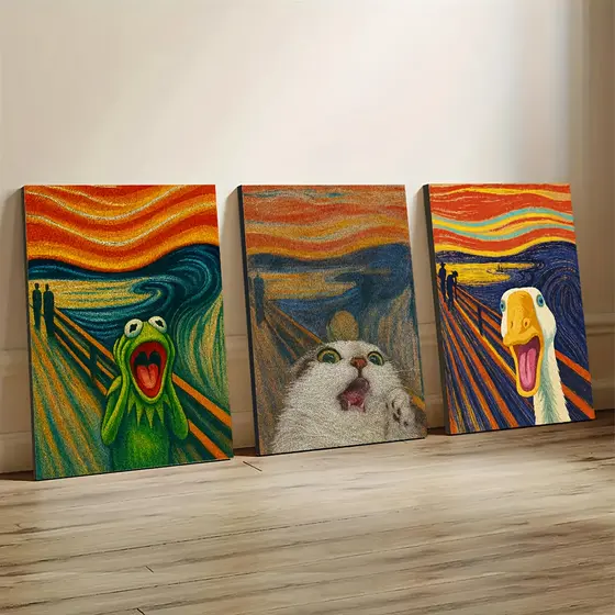 Tríptico 3 Quadros Decorativos MDF Animais Divertidos - Sapo, Gato e Pato para Sala e Escritório