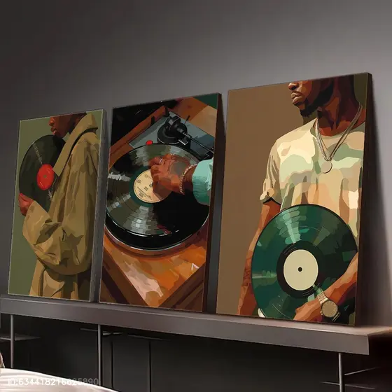 Kit 3 Quadros Decorativos Música Vintage Hip Hop Gramofone Vinil Sala Quarto Escritório