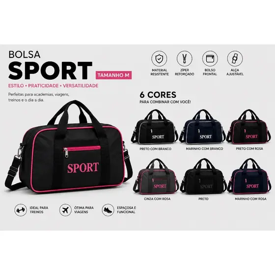 Bolsa Sport M Multifuncional Leve, Espaçosa e Resistente para Academia/Viagens/Passeios Preto/Detalhes Rosa.