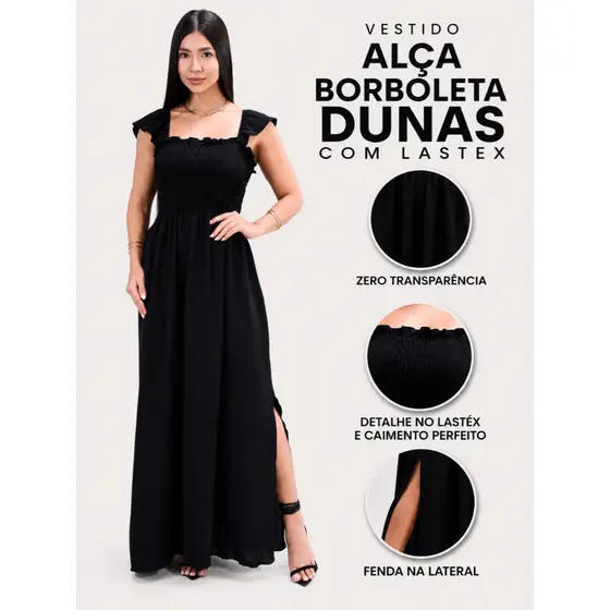 Vestido Longo Feminino Alça Borboleta com Lastex e Fenda Lateral Casual Elegante Dunas Premium