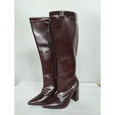 Bota Feminina Cano Alto Marrom  Salto Bloco, Bico Fino, Couro Ecológico Premium  34 ao 39
