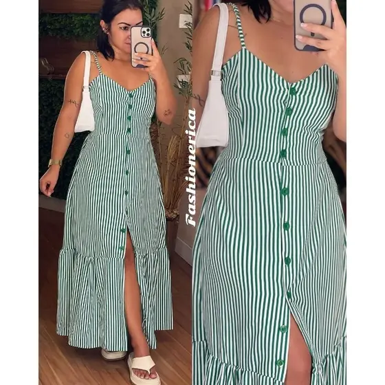 Vestido Longo De Alcinha Em Viscose Forrado Modelo Botão E Babado Listrado Elegante