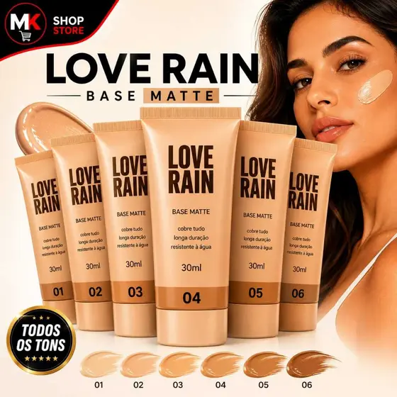 Base Love Rain Matte Liquida A Prova D'agua Alta Cobertura Longa Duração 24 Horas Pele Impecavel Pele Perfeita Dia Todo