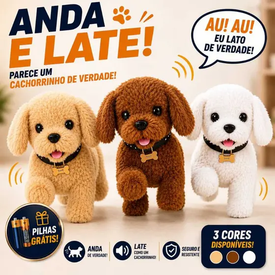 Brinquedo Cachorrinho Late e Anda Com Som Divertido Pelucia Infantil Toda Criança Vai Amar Com Pilhas Inclusas