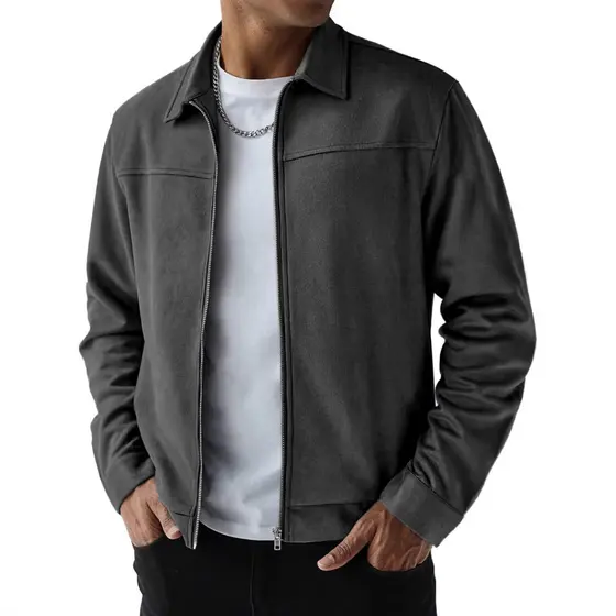 2026 Outono Inverno Nova Jaqueta Masculina de Tecido de Camurça com Bolsos, Casual, Versátil, de Manga Longa, Casaco Est