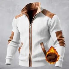 Jaqueta Masculina de Lã Texturizada com Blocos de Cor para Outono Inverno 2025, Casaco Casual com Gola Alta e Zíper, Nov