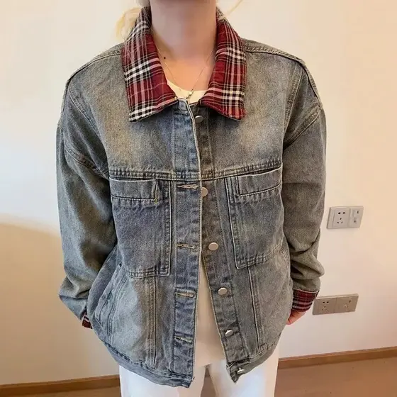 Jaqueta de Denim Vintage Xadrez para Homens, Estilo Casual, para Trabalho, Casaco com Detalhes em Patchwork, Moda Urbana