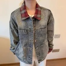 Jaqueta de Denim Vintage Xadrez para Homens, Estilo Casual, para Trabalho, Casaco com Detalhes em Patchwork, Moda Urbana