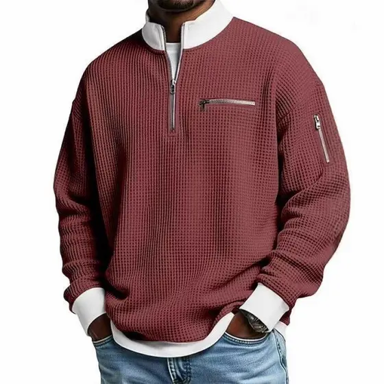 Novo Moletom Masculino com Zíper e Textura Waffle 2025, Estilo Casual Americano, Manga Longa e Moderno