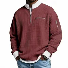 Novo Moletom Masculino com Zíper e Textura Waffle 2025, Estilo Casual Americano, Manga Longa e Moderno