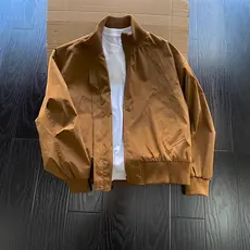 Jaqueta Bomber Vintage Marrom Masculina Estilo Americano para Outono, Gola Alta, Camisa de Beisebol, Roupa Externa Premi