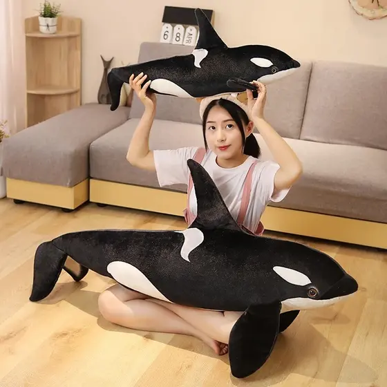 Almofada Realista Orca Baleia Preta Pelúcia Fofa Grande Peixe Tubarão Animal do Mar Presente Macia