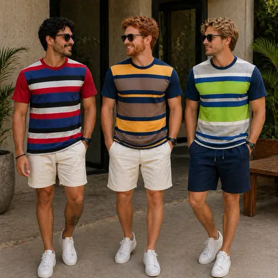 Kit 3 Camiseta Masculina T-Shirts listrada  na Frente e lisa nas costa Algodão