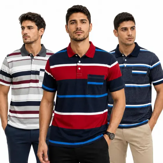 Kit 2 Camisas Polo com Listras e Bolso – praticidade no dia a dia, visual moderno sem exagero, ótima para calor e meia-e