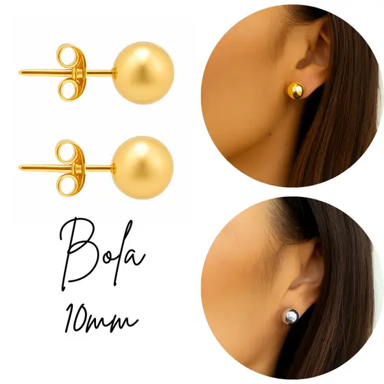 Brinco Bola 10mm Folheado a Ouro ou Prata – Elegante, Minimalista | Moda Feminina