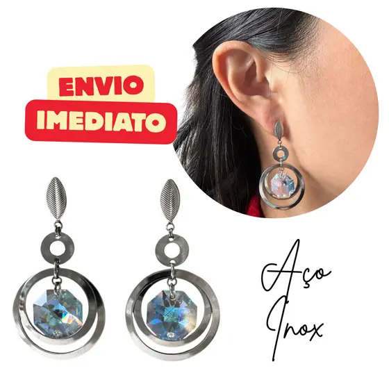 Brinco aço Inox feminino cristal médio Baguá - anti-alérgico - não escurece - ENVIO IMEDIATO