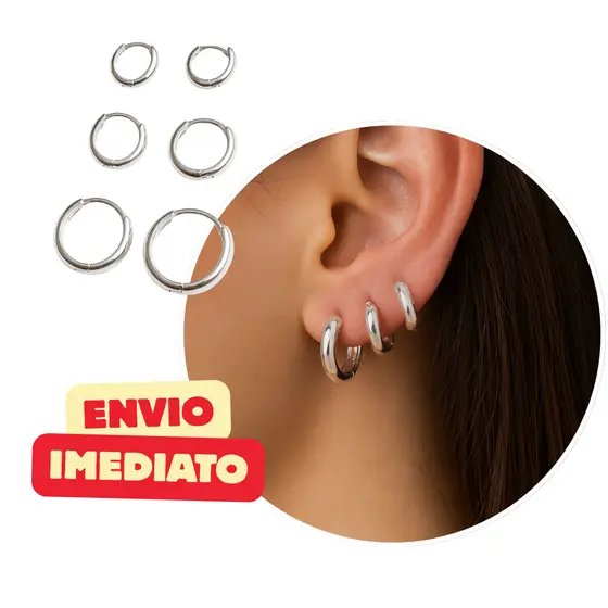 Kit trio 3 brincos argola clip lisa - folheado á prata - semi-jóia