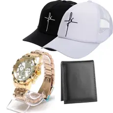 Kit Masculino Presente Relogio luxo masculino dourado + bone grife + carteira de couro .2023n Só Hoje