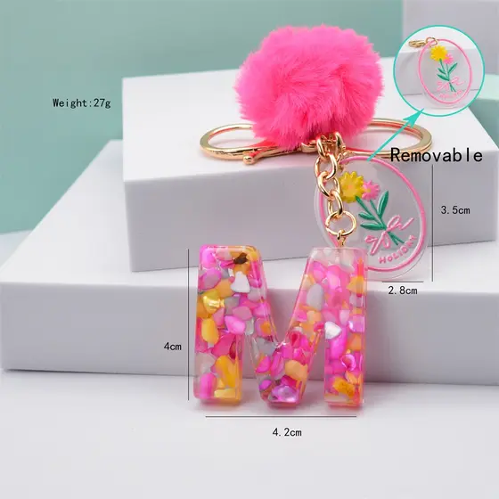 A-Z 26 Chaveiros De Letra Em Inglês Com Etiqueta De Acrílico Rosa Pompom Chaveiro De Mão Encantado Pingente Acessórios
