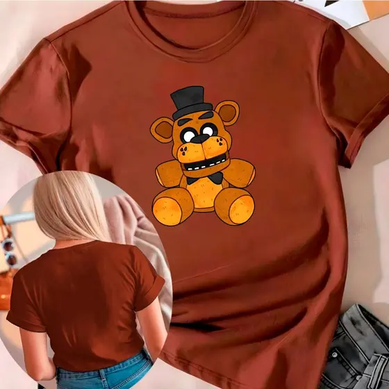 Camisa T-Shirt Feminina Camiseta Algodão Casual FnaF Freedy Foxy Bonnie Chica Animatronics Jogo Game Filme Animação RR