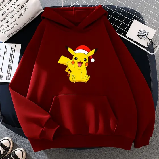Moletom Canguru Blusa Frio Inverno C/Capuz Confortavel Pikachu Natal Pokemon Fofo Game Anime Desenho Jogo Natalino Fã