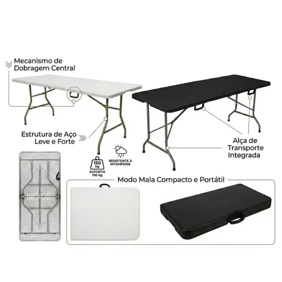 Mesa Dobrável Portátil Vira Maleta com Alça Portátil 1.80m Camping Pesca Jardim Área Externa Interna