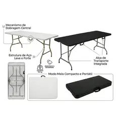 Mesa Dobrável Portátil Vira Maleta com Alça Portátil 1.80m Camping Pesca Jardim Área Externa Interna