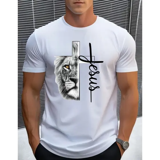 Camiseta Masculina Cristã Leão de Judá – Fé, Força e Estilo em Uma Só Peça!